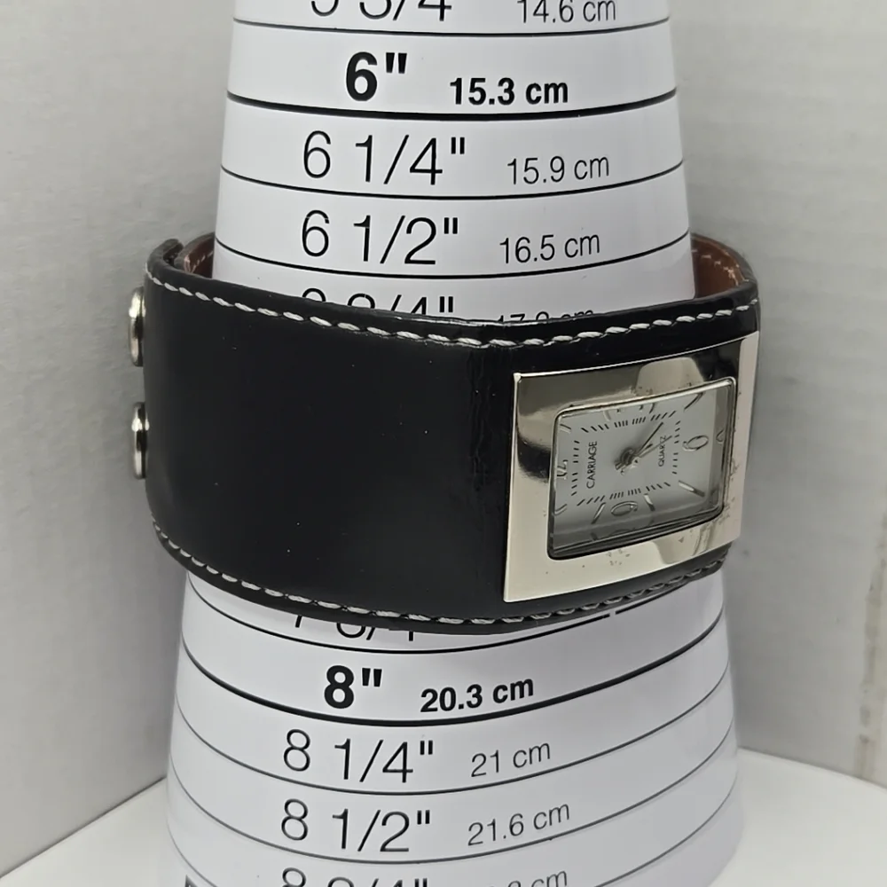 Womens Vintage Carriage Timex Black Leather Cuff Watch New Battery Silver Rare - Picture 6 of 11
